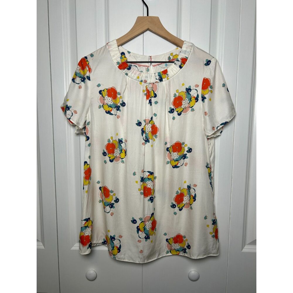 Boden Carey Floral Silk Blend Blouse Short Sleeve Cream Multi Size US 14